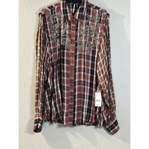 Free People Copper Plaid Snow Top Mountain Top Shirt Button down Medium M NEW